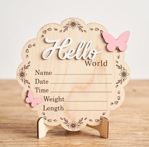 Butterfly Wooden Birth Announcement Sign for Newborn Girl - Hello World Floral Name Plaque for Hospital - Baby Birth Stats Board with Pink Butterflies - Nursery Wall Decor Photo Prop Gift in Saudi Arabia
