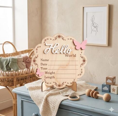 Butterfly Wooden Birth Announcement Sign for Newborn Girl - Hello World Floral Name Plaque for Hospital - Baby Birth Stats Board with Pink Butterflies - Nursery Wall Decor Photo Prop Gift in Saudi Arabia