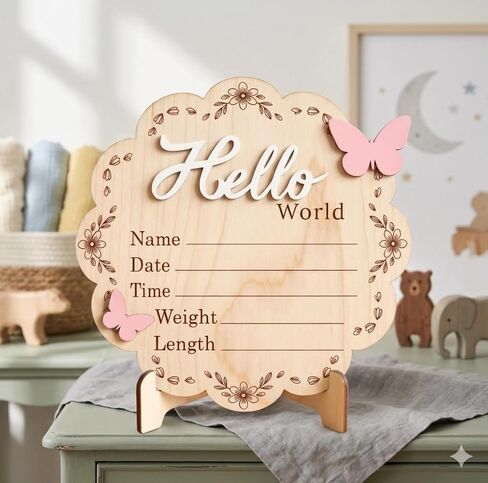 Butterfly Wooden Birth Announcement Sign for Newborn Girl - Hello World Floral Name Plaque for Hospital - Baby Birth Stats Board with Pink Butterflies - Nursery Wall Decor Photo Prop Gift in Saudi Arabia