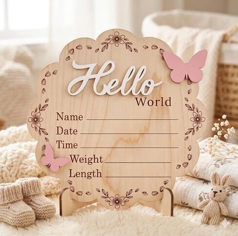 Butterfly Wooden Birth Announcement Sign for Newborn Girl - Hello World Floral Name Plaque for Hospital - Baby Birth Stats Board with Pink Butterflies - Nursery Wall Decor Photo Prop Gift in Saudi Arabia