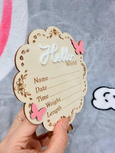 Butterfly Wooden Birth Announcement Sign for Newborn Girl - Hello World Floral Name Plaque for Hospital - Baby Birth Stats Board with Pink Butterflies - Nursery Wall Decor Photo Prop Gift in Saudi Arabia