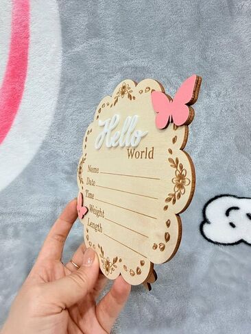 Butterfly Wooden Birth Announcement Sign for Newborn Girl - Hello World Floral Name Plaque for Hospital - Baby Birth Stats Board with Pink Butterflies - Nursery Wall Decor Photo Prop Gift in Saudi Arabia
