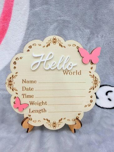 Butterfly Wooden Birth Announcement Sign for Newborn Girl - Hello World Floral Name Plaque for Hospital - Baby Birth Stats Board with Pink Butterflies - Nursery Wall Decor Photo Prop Gift in Saudi Arabia