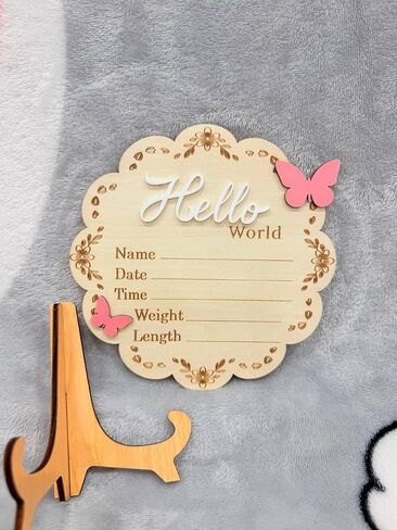 Butterfly Wooden Birth Announcement Sign for Newborn Girl - Hello World Floral Name Plaque for Hospital - Baby Birth Stats Board with Pink Butterflies - Nursery Wall Decor Photo Prop Gift in Saudi Arabia
