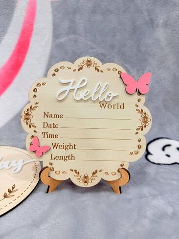 Butterfly Wooden Birth Announcement Sign for Newborn Girl - Hello World Floral Name Plaque for Hospital - Baby Birth Stats Board with Pink Butterflies - Nursery Wall Decor Photo Prop Gift in Saudi Arabia