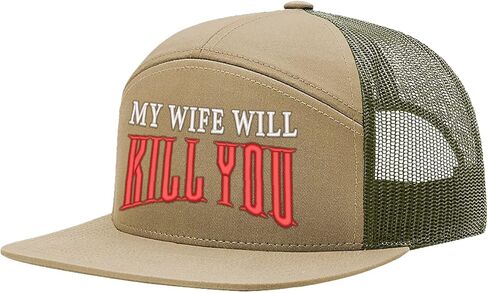 The Goozler Funny Adult Humor Embroidered Golf Hat Collection Offensive Gag Trucker Caps for Men & Women (US, Alpha, One Size, My Wife Will Kill You - Khaki and Army Green - 7 Panel Flat Bill) in Kuwait