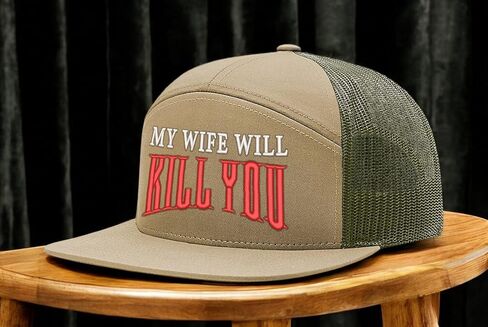 The Goozler Funny Adult Humor Embroidered Golf Hat Collection Offensive Gag Trucker Caps for Men & Women (US, Alpha, One Size, My Wife Will Kill You - Khaki and Army Green - 7 Panel Flat Bill) in Kuwait