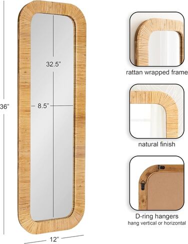 Kate and Laurel Rahfy Boho Rectangle Rattan Wall Mirror, 12 x 36, Natural Wood, Decorative Rounded Rectangular Panel Mirror with Authentic Rattan Frame for Bedroom Mirror in Kuwait