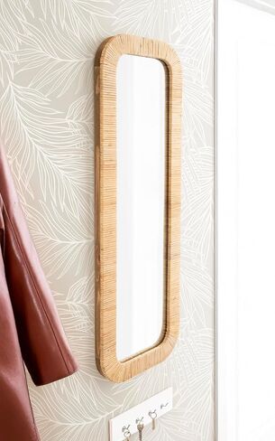 Kate and Laurel Rahfy Boho Rectangle Rattan Wall Mirror, 12 x 36, Natural Wood, Decorative Rounded Rectangular Panel Mirror with Authentic Rattan Frame for Bedroom Mirror in Kuwait