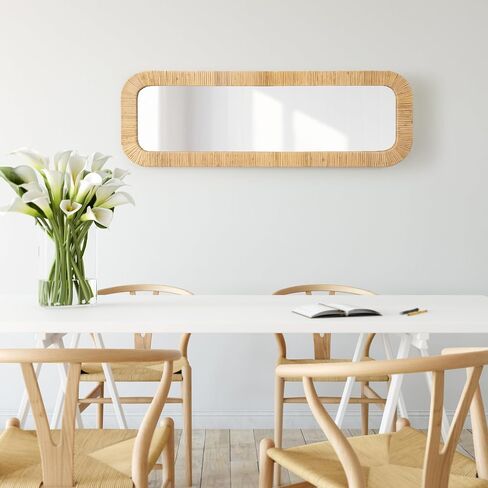 Kate and Laurel Rahfy Boho Rectangle Rattan Wall Mirror, 12 x 36, Natural Wood, Decorative Rounded Rectangular Panel Mirror with Authentic Rattan Frame for Bedroom Mirror in Kuwait