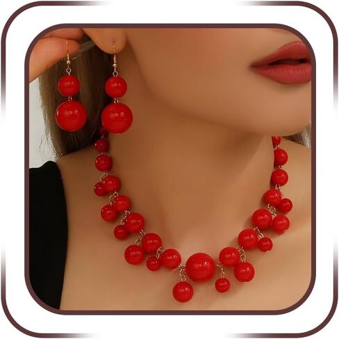 Large Chunky Red Y2k Beaded Choker Necklace Earring, Vintage Large Gold Ball Beads Jewelry Set for Women Trendy Party Prom Outfit Statement Jewelrys Gift in Saudi Arabia