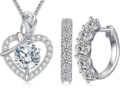 Rose Heart Pendant Necklace and Earring Set, Wedding Anniversary Present or Birthday Christmas Valentine Engagements Mothers Day Jewelry Gifts for Mom Wife Her Girlfriend in Saudi Arabia