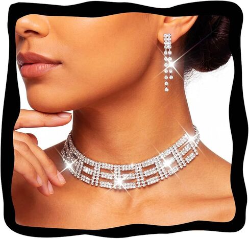 CLOACE Rhinestone Choker Necklace Sets Bridal Wedding Necklace Earrings Set Prom Jewelry Accessories for Women in Saudi Arabia