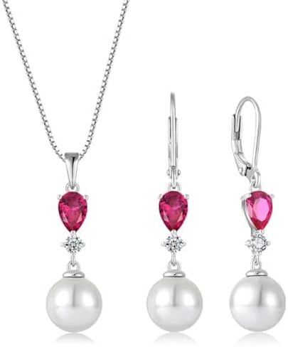 Pearl Jewelry Set for Women 925 Sterling Silver Pearls Earrings Necklace with Ruby Birthstone in Saudi Arabia