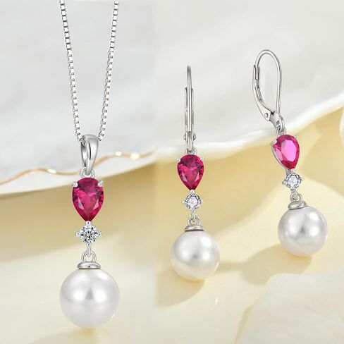 Pearl Jewelry Set for Women 925 Sterling Silver Pearls Earrings Necklace with Ruby Birthstone in Saudi Arabia