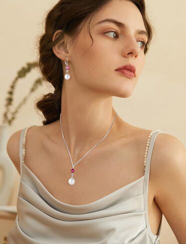 Pearl Jewelry Set for Women 925 Sterling Silver Pearls Earrings Necklace with Ruby Birthstone in Saudi Arabia