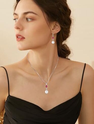 Pearl Jewelry Set for Women 925 Sterling Silver Pearls Earrings Necklace with Ruby Birthstone in Saudi Arabia