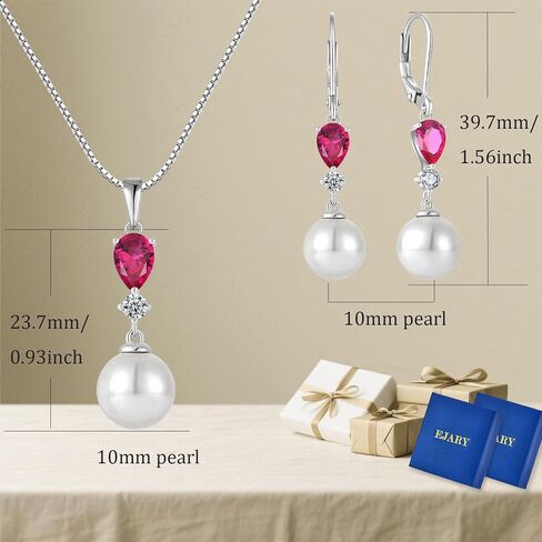 Pearl Jewelry Set for Women 925 Sterling Silver Pearls Earrings Necklace with Ruby Birthstone in Saudi Arabia