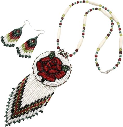 Handmade Beaded Indian Necklace| Seed Beads Native American Style Medallion Necklace Earrings Set| One of a Kind Fashion Jewelry For Women in Saudi Arabia