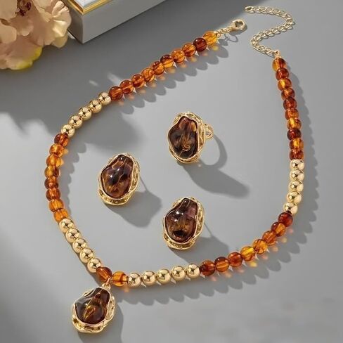 Vintage Irregular Amber Resin Jewelry Set Retro Beaded Choker Necklace Stud Earrings Open Ring Set Brown Tortoise Stone Jewelry Gift for Women in Kuwait