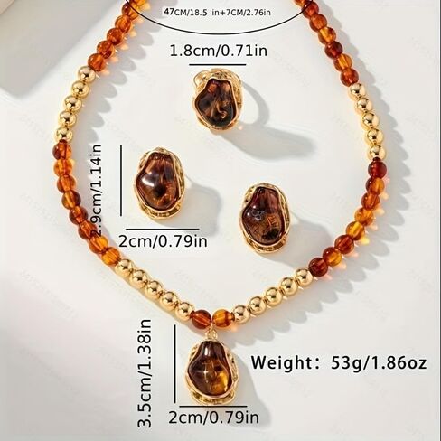 Vintage Irregular Amber Resin Jewelry Set Retro Beaded Choker Necklace Stud Earrings Open Ring Set Brown Tortoise Stone Jewelry Gift for Women in Kuwait