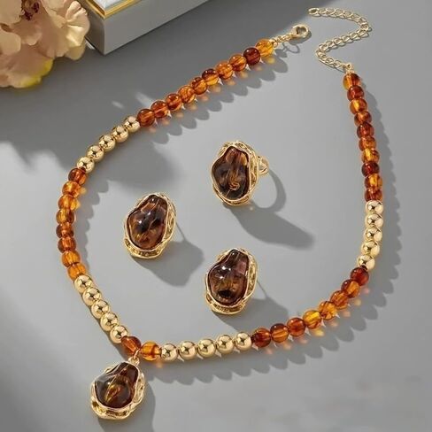 Vintage Irregular Amber Resin Jewelry Set Retro Beaded Choker Necklace Stud Earrings Open Ring Set Brown Tortoise Stone Jewelry Gift for Women in Kuwait