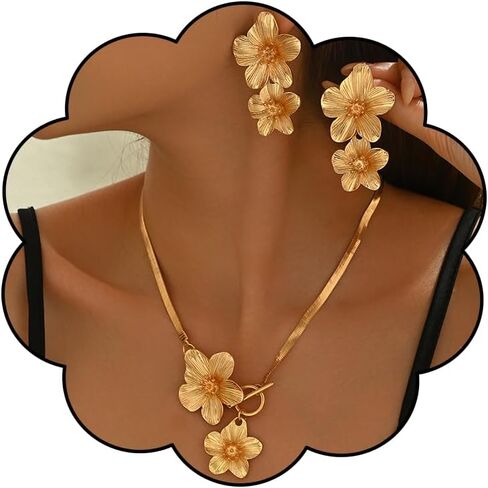 Flower Necklace Earring Set for Women Boho Large Flowers Choker Necklaces Stud Earrings Gold Statement Snake Chain Necklace Trendy 2pcs Bridal Wedding Summer Beach Bridal Wedding Jewelry in Saudi Arabia