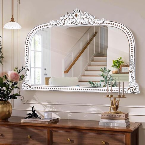 HOITUZYUS French Vintage Statement Mirror: 24x36 Inches Baroque Arched Mirror Distressed White Boho Beaded Decorative Mirrors for Fireplace Mantel, Bedroom, Living Room, Entryway in Saudi Arabia