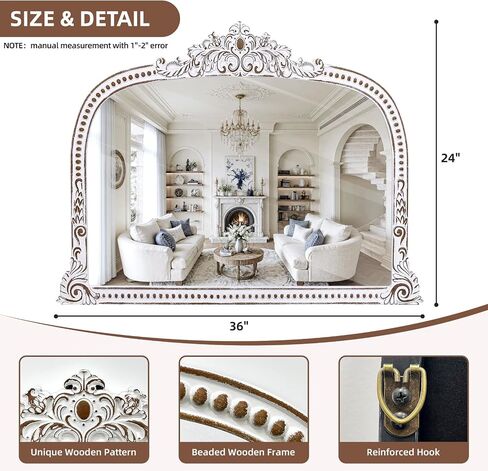 HOITUZYUS French Vintage Statement Mirror: 24x36 Inches Baroque Arched Mirror Distressed White Boho Beaded Decorative Mirrors for Fireplace Mantel, Bedroom, Living Room, Entryway in Saudi Arabia