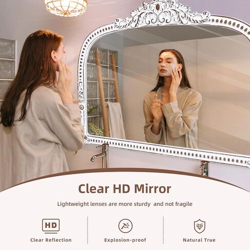 HOITUZYUS French Vintage Statement Mirror: 24x36 Inches Baroque Arched Mirror Distressed White Boho Beaded Decorative Mirrors for Fireplace Mantel, Bedroom, Living Room, Entryway in Saudi Arabia
