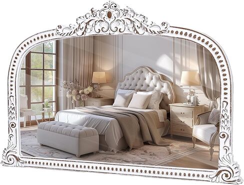 HOITUZYUS French Vintage Statement Mirror: 24x36 Inches Baroque Arched Mirror Distressed White Boho Beaded Decorative Mirrors for Fireplace Mantel, Bedroom, Living Room, Entryway in Saudi Arabia