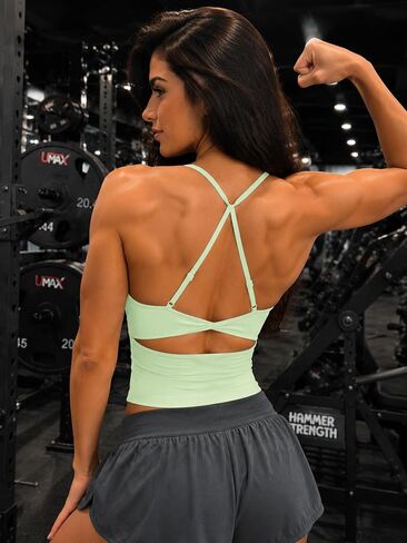 VOYJOY Twist Back Workout Athletic Tank Top مدمج في حمالة صدر على شكل حرف U in Kuwait