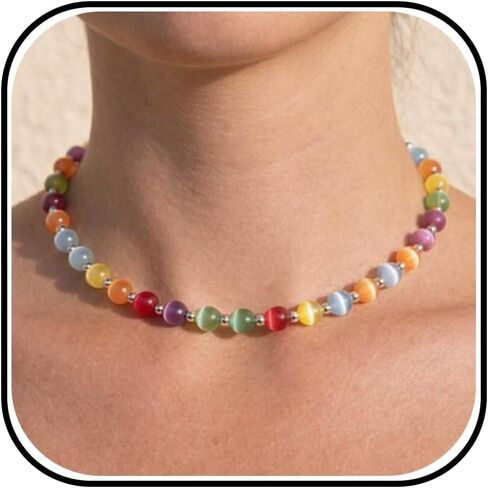 Dopamine Necklace Colorful Beaded Necklace Waterproof UV Reactive Necklaces Colorful Jewelry 8mm Beaded Chokerfor Summer Sunshine Beach in Saudi Arabia