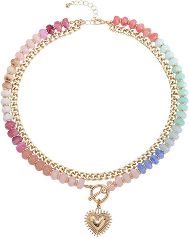 Chunky Beaded Necklace for Women Heart Pendant Colorful Beaded Gold Tone Heart Charm Gold Chain Choker Y2K Dopamine Jewelry Statement Adjustable Chain Cute Trendy Summer Beach Ocean Jewelry Gift in Kuwait