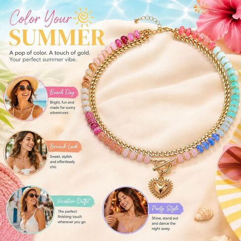 Chunky Beaded Necklace for Women Heart Pendant Colorful Beaded Gold Tone Heart Charm Gold Chain Choker Y2K Dopamine Jewelry Statement Adjustable Chain Cute Trendy Summer Beach Ocean Jewelry Gift in Kuwait