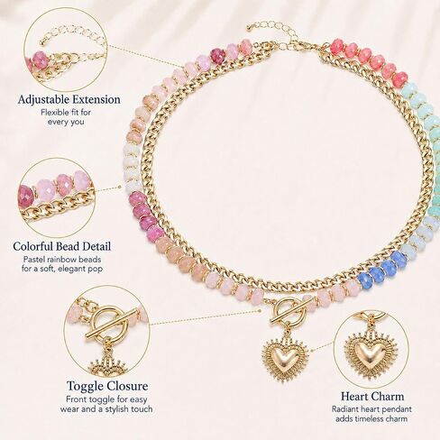 Chunky Beaded Necklace for Women Heart Pendant Colorful Beaded Gold Tone Heart Charm Gold Chain Choker Y2K Dopamine Jewelry Statement Adjustable Chain Cute Trendy Summer Beach Ocean Jewelry Gift in Kuwait