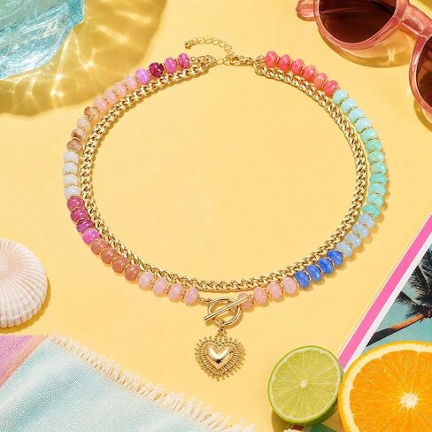 Chunky Beaded Necklace for Women Heart Pendant Colorful Beaded Gold Tone Heart Charm Gold Chain Choker Y2K Dopamine Jewelry Statement Adjustable Chain Cute Trendy Summer Beach Ocean Jewelry Gift in Kuwait