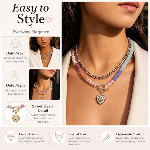 Chunky Beaded Necklace for Women Heart Pendant Colorful Beaded Gold Tone Heart Charm Gold Chain Choker Y2K Dopamine Jewelry Statement Adjustable Chain Cute Trendy Summer Beach Ocean Jewelry Gift in Kuwait