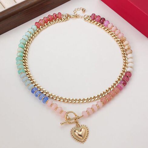 Chunky Beaded Necklace for Women Heart Pendant Colorful Beaded Gold Tone Heart Charm Gold Chain Choker Y2K Dopamine Jewelry Statement Adjustable Chain Cute Trendy Summer Beach Ocean Jewelry Gift in Kuwait