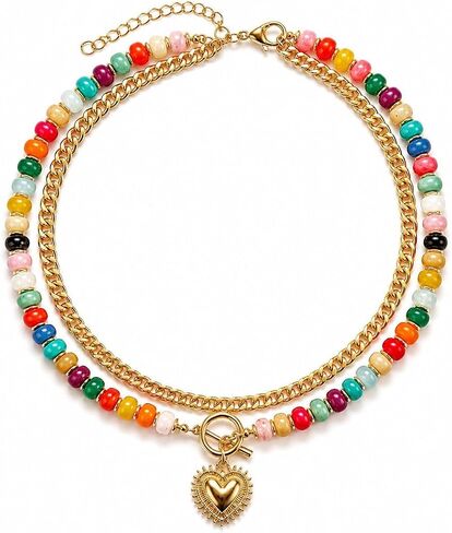 Chunky Beaded Necklace for Women Heart Pendant Colorful Beaded Gold Tone Heart Charm Gold Chain Choker Y2K Dopamine Jewelry Statement Adjustable Chain Cute Trendy Summer Beach Ocean Jewelry Gift in Kuwait