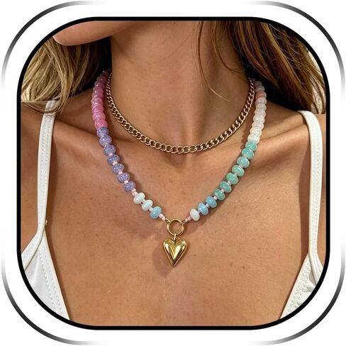 Chunky Beaded Necklace for Women Heart Pendant Colorful Beaded Gold Tone Heart Charm Gold Chain Choker Y2K Dopamine Jewelry Statement Adjustable Chain Cute Trendy Summer Beach Ocean Jewelry Gift in Kuwait