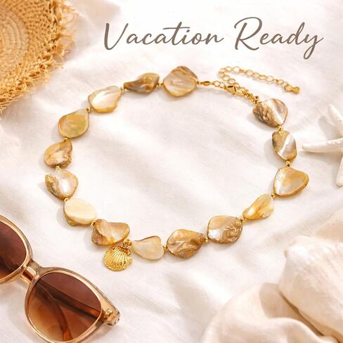 Yumikoo Chunky Shell Necklace for Women, Beach Statement Necklace with Gold Seashell Pendant, Summer Beaded Choker, Beachy Vacation Jewelry, Shell Necklaces for Women in Kuwait