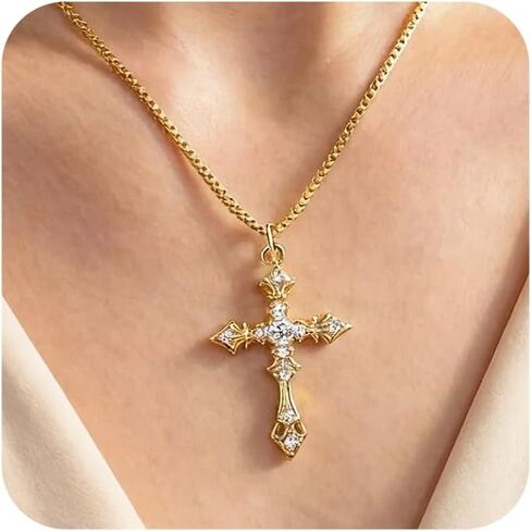 ALEXCRAFT Gold Cross Necklace for Women Cubic Zirconia Dainty Cross Pendant Necklace for Women Hypoallergenic 14K Gold Plated Simple Pendant Chain Minimalist Jewelry Gifts for Daily in Kuwait