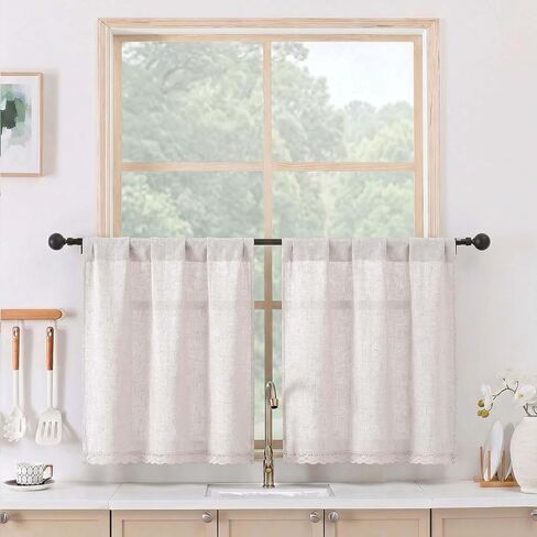 Chyhomenyc Boho Lace Kitchen Curtains 24 Inch Length - Light Filtering Faux Linen Vintage Half Window Cafe Curtains, Short Curtain Tiers for Bathroom RV Camper, 26Wx24L, 2 Pieces, Natural in Kuwait
