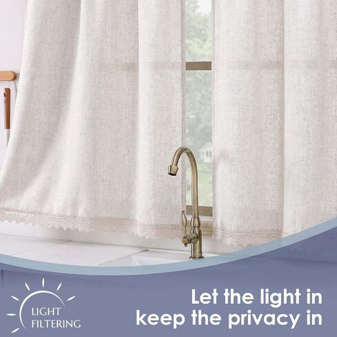 Chyhomenyc Boho Lace Kitchen Curtains 24 Inch Length - Light Filtering Faux Linen Vintage Half Window Cafe Curtains, Short Curtain Tiers for Bathroom RV Camper, 26Wx24L, 2 Pieces, Natural in Kuwait
