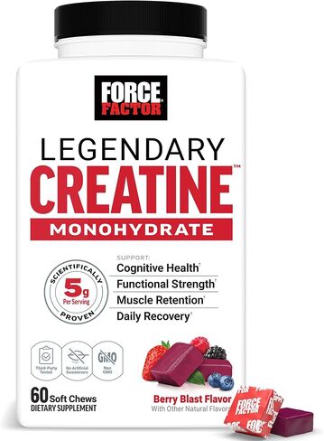 FORCE FACTOR Legendary Creatine Chews, 5g Creatine Monohydrate, Build Muscle, Improve Strength & Recovery, Support Memory & Cognitive Function, Sugar Free, Berry Blast, 60 Soft Chews in Kuwait