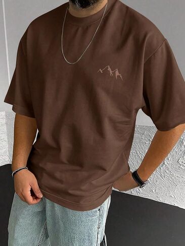 Men's Coffee Color Short Sleeve T-Shirt, Minimalist Mountain Silhouette Graphic Tee, Casual Crew Neck Summer Top in Kuwait