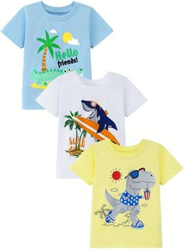 Boys T-Shirts 3 Pack, 2-8 Years Kids Cute Dinosaur Shark Crocodile Short Sleeve Tees, Soft Cotton Casual Summer Tops in Kuwait