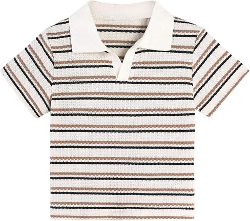 Boys Striped Knit Polo Shirt Short Sleeve Retro V Neck Collared Tops School Days in Saudi Arabia