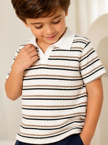 Boys Striped Knit Polo Shirt Short Sleeve Retro V Neck Collared Tops School Days in Saudi Arabia